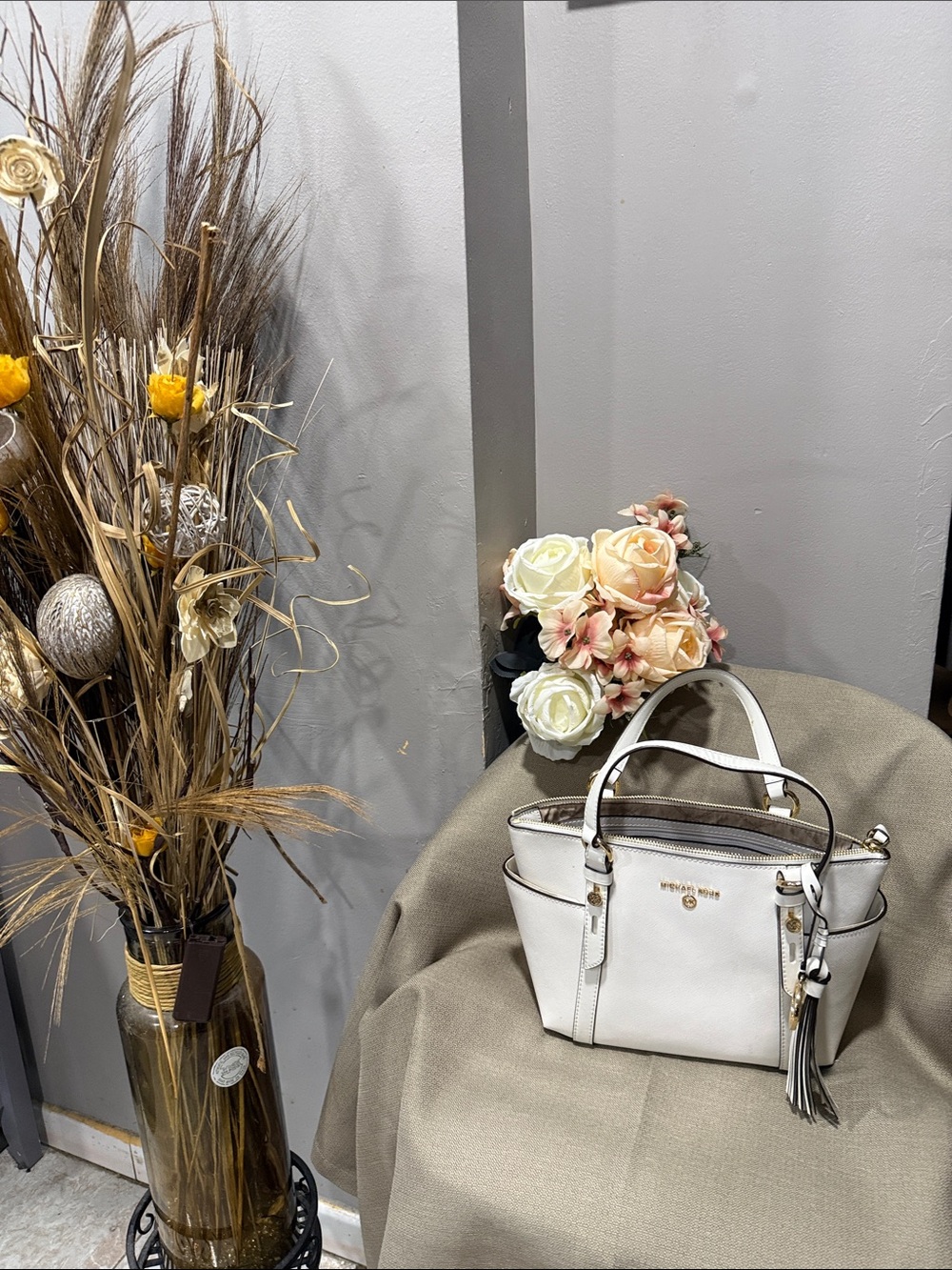 Michael Kors White Leather Top-Handle Satchel with Tassel